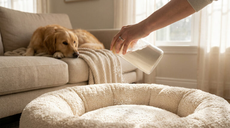 Une main saupoudre du bicarbonate de soude sur un panier pour chien pendant qu'un chien se repose sur le canapé.