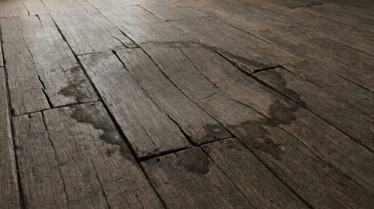 Gros plan sur un vieux plancher en bois sombre et abîmé présentant des fissures, des craquelures et des taches d'humidité.