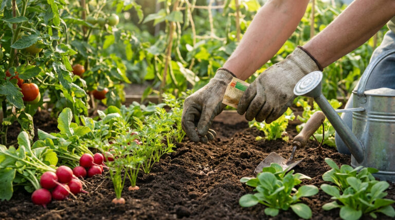 Une personne gantée sème des graines dans un potager ensoleillé avec des radis et des tomates en arrière-plan.