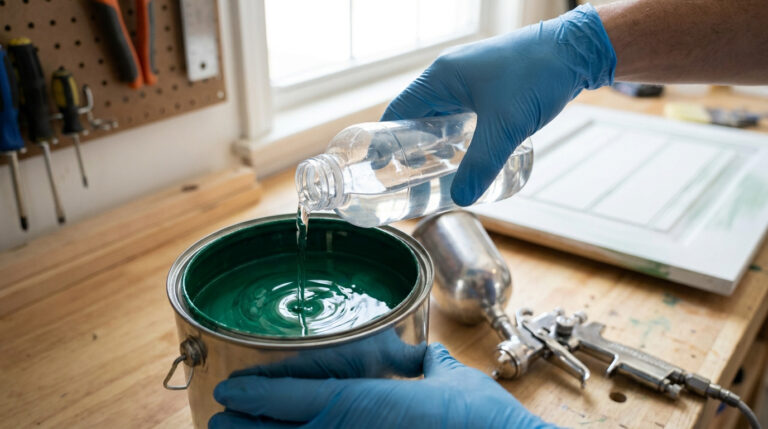 Une personne avec des gants bleus verse du diluant dans un pot de peinture verte sur un établi d'atelier.