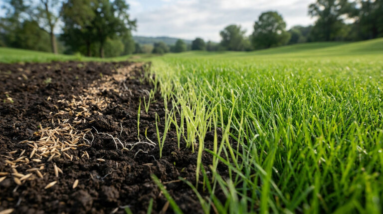 Gros plan sur le sol avec des graines de gazon en germination à côté d'une pelouse déjà dense et bien verte.