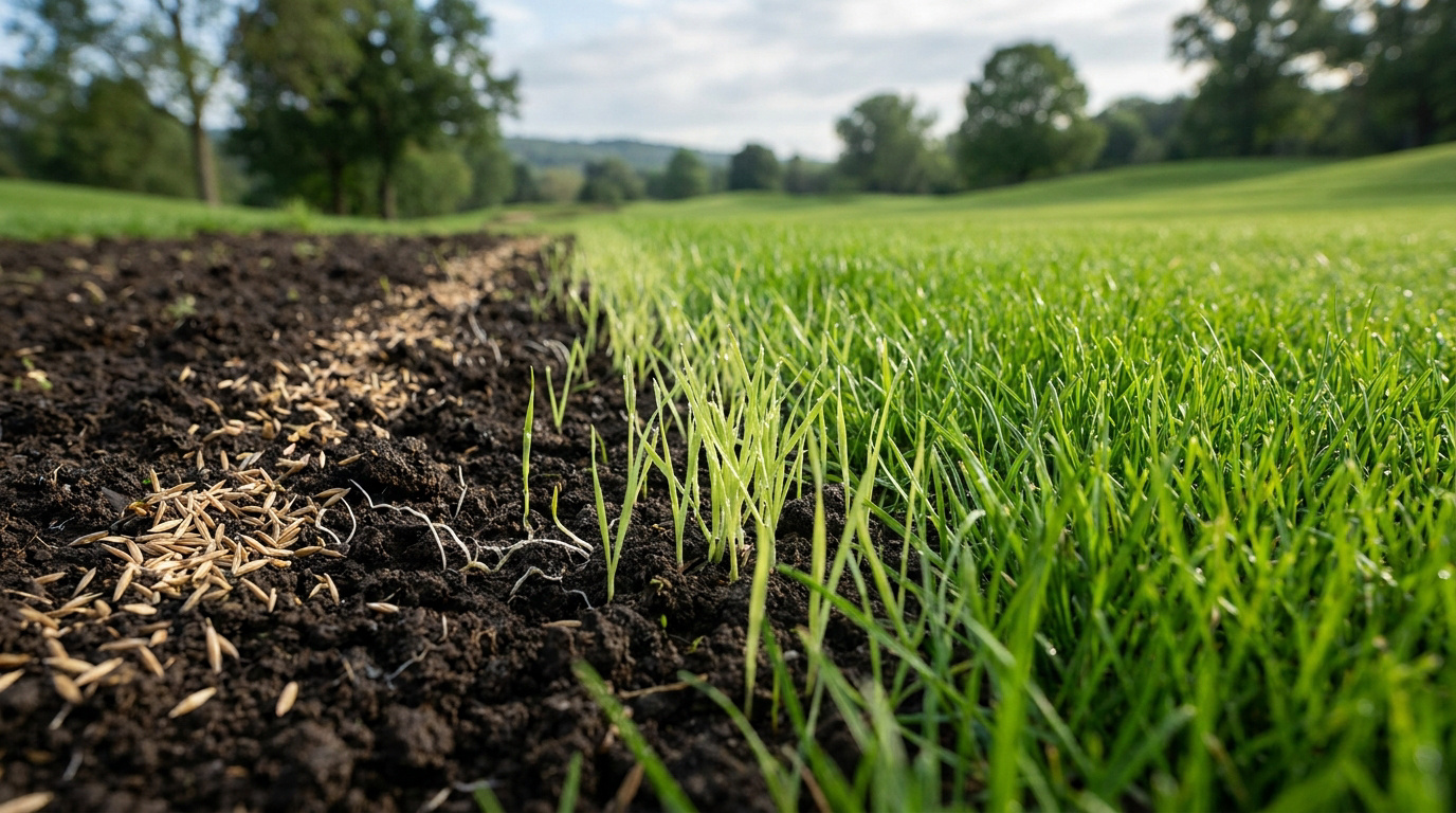 Gros plan sur le sol avec des graines de gazon en germination à côté d'une pelouse déjà dense et bien verte.