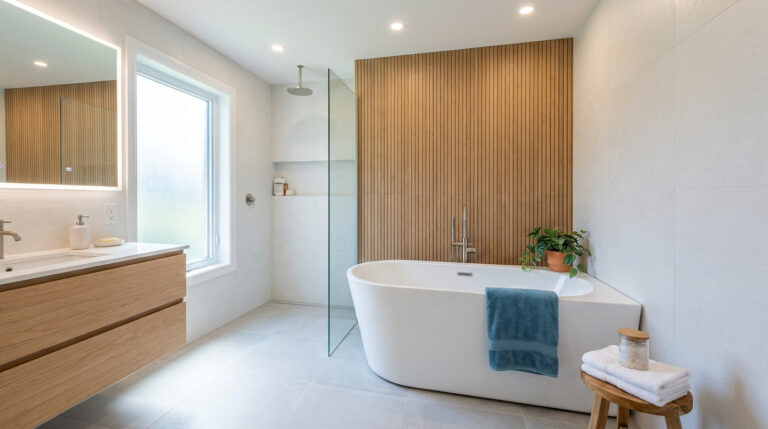 Salle de bain lumineuse avec baignoire blanche, accents en bois et douche italienne séparée par une paroi en verre.