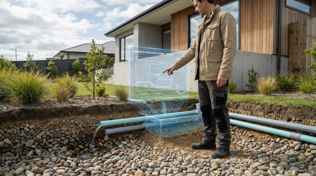 Un professionnel examine un schéma holographique d'épandage d'eau de pluie au-dessus d'une tranchée de drainage.