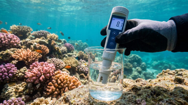 Une main gantée mesure le pH de l'eau dans un bécher avec un testeur numérique devant un récif corallien sous-marin.