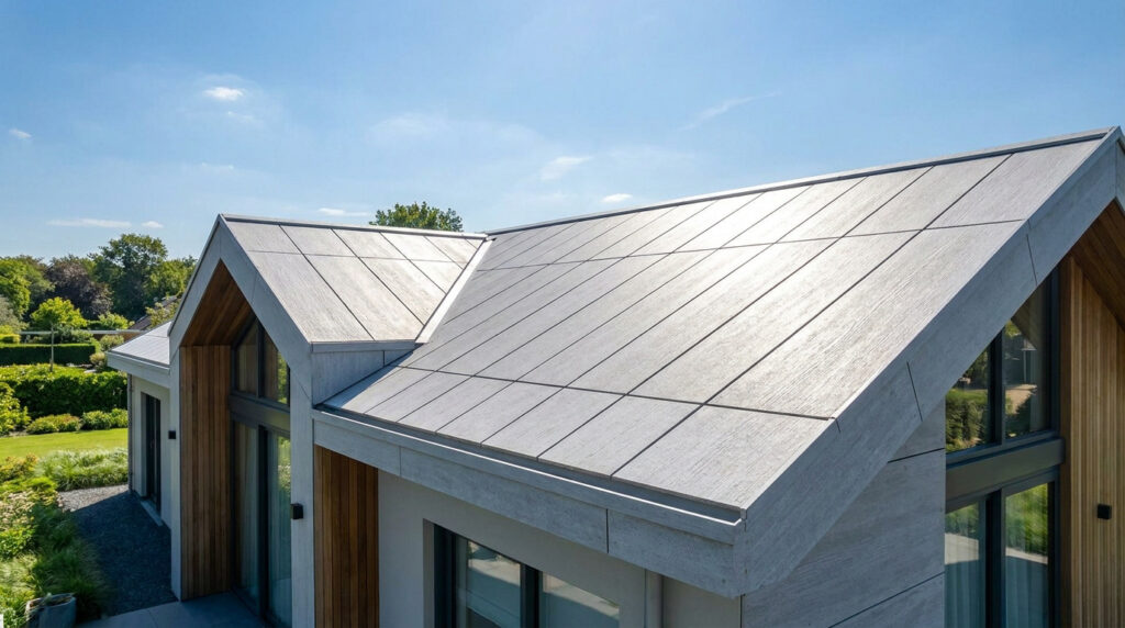 Toiture moderne avec des plaques en fibrociment sans amiante sur une maison au design contemporain sous un ciel bleu.