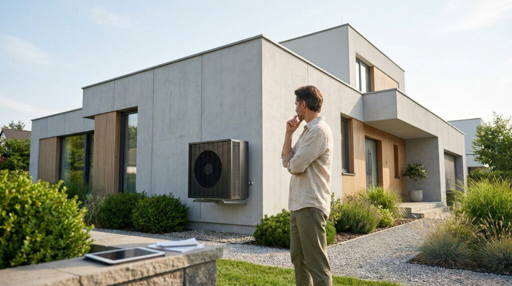 Un homme regarde pensivement une unité de climatisation installée sur la façade d'une maison moderne.