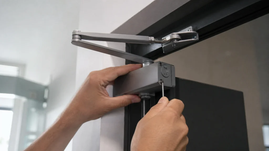 Technicien réglant la vis d’un ferme-porte hydraulique sur une porte entrouverte