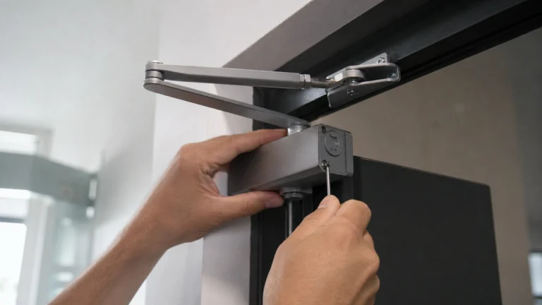 Technicien réglant la vis d’un ferme-porte hydraulique sur une porte entrouverte