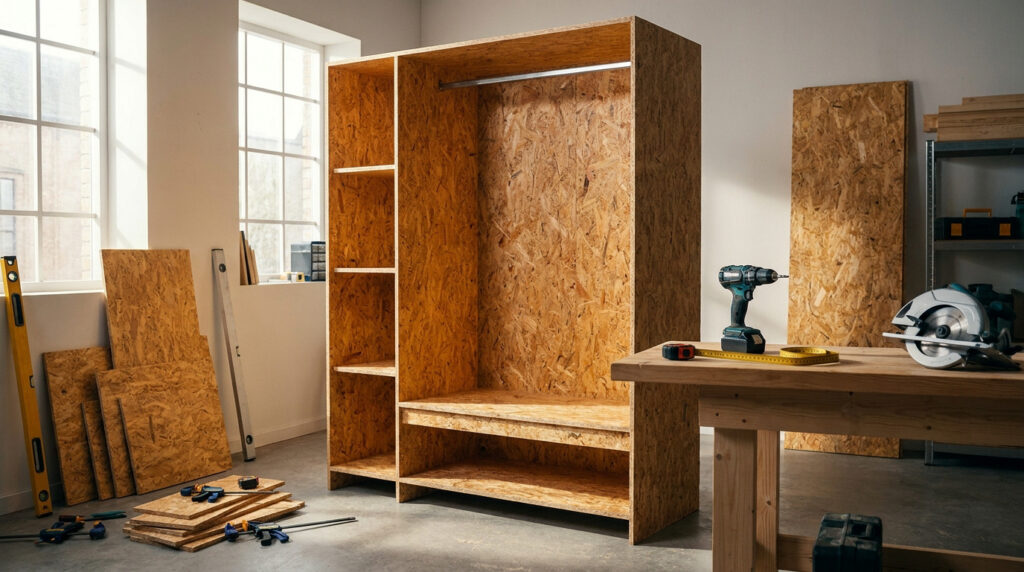 Un grand dressing en panneaux OSB en cours de construction dans un atelier lumineux avec des outils de menuiserie.