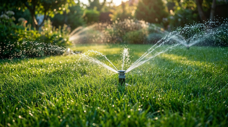 Arroseur automatique pulvérisant de l'eau sur une pelouse verte et luxuriante au coucher du soleil.