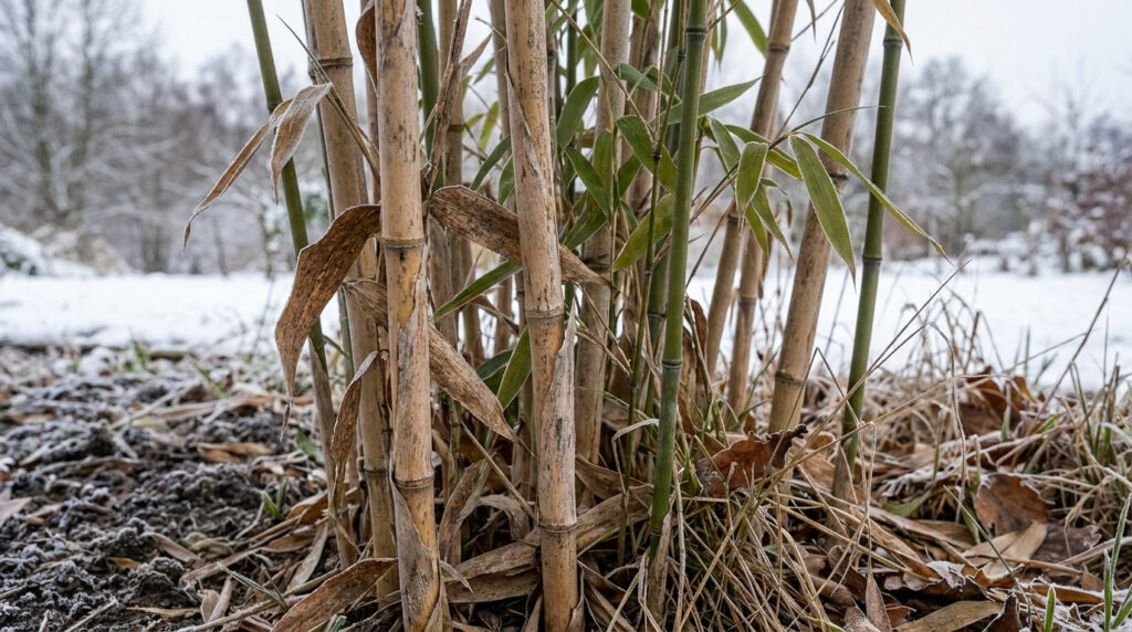 Gros plan sur des tiges de bambou sèches et jaunies par le froid dans un jardin enneigé en hiver.