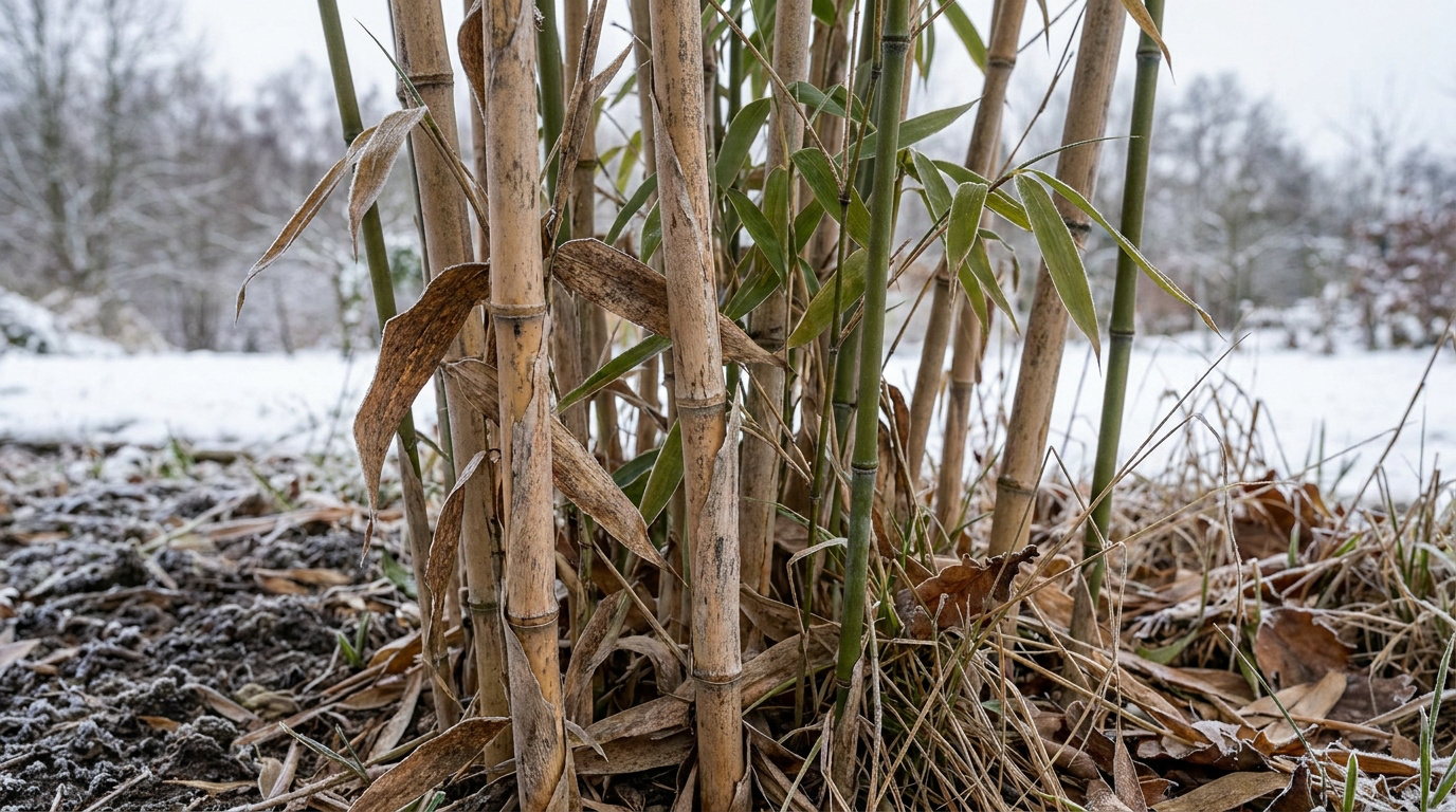 Gros plan sur des tiges de bambou sèches et jaunies par le froid dans un jardin enneigé en hiver.