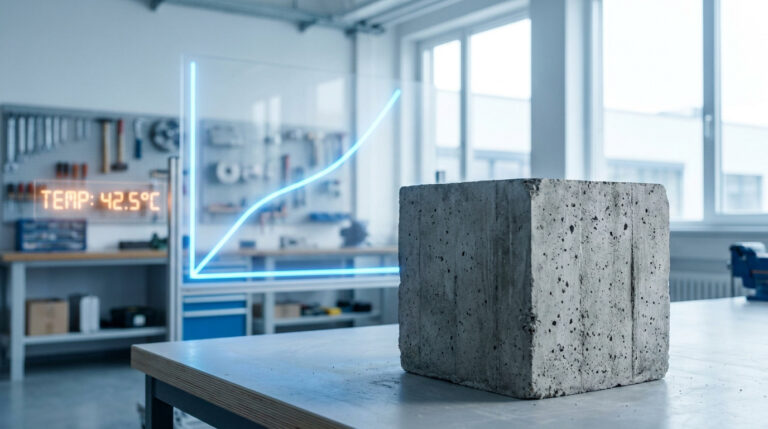 Bloc de béton cubique sur une table de laboratoire avec une courbe de résistance et une température affichées en surimpression.