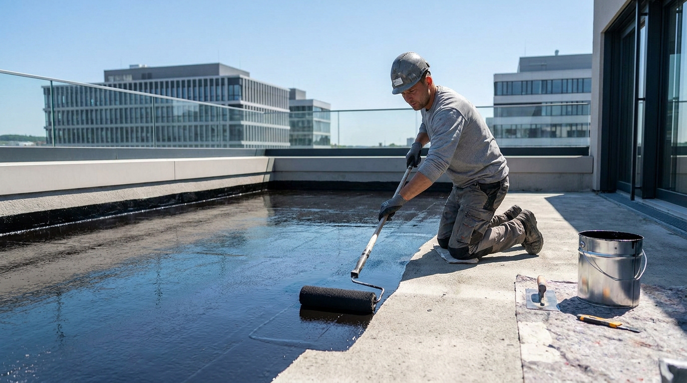 Un ouvrier en équipement de sécurité applique un revêtement bitumineux noir avec un rouleau sur un toit terrasse.