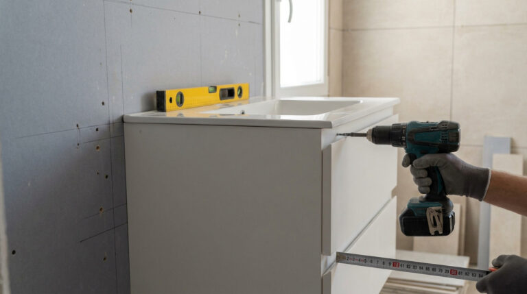 Un bricoleur utilise une visseuse électrique et un mètre ruban pour installer un meuble de salle de bain.