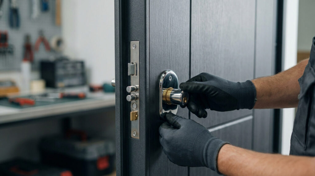 Un serrurier portant des gants noirs installe un cylindre de sécurité sur une porte blindée moderne.