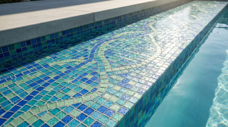 Bordure de piscine décorée avec une mosaïque complexe aux motifs bleus et verts sous une lumière naturelle.