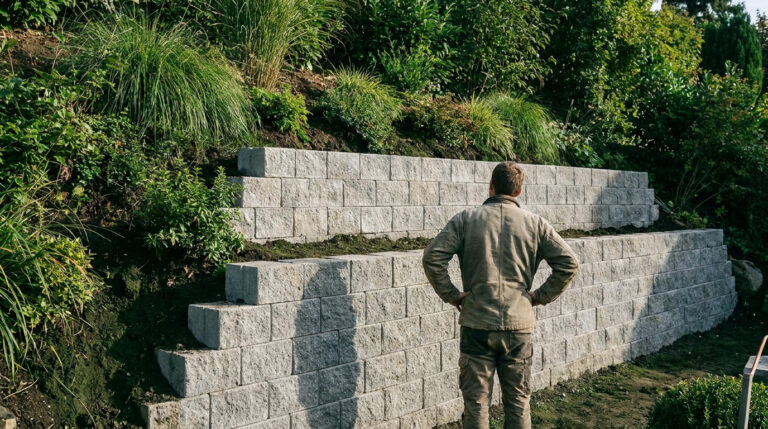 Un homme regarde un mur de soutènement en blocs béton à deux niveaux construit contre une colline arborée.