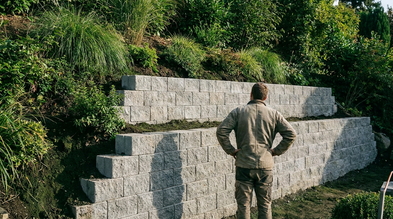 Un homme regarde un mur de soutènement en blocs béton à deux niveaux construit contre une colline arborée.