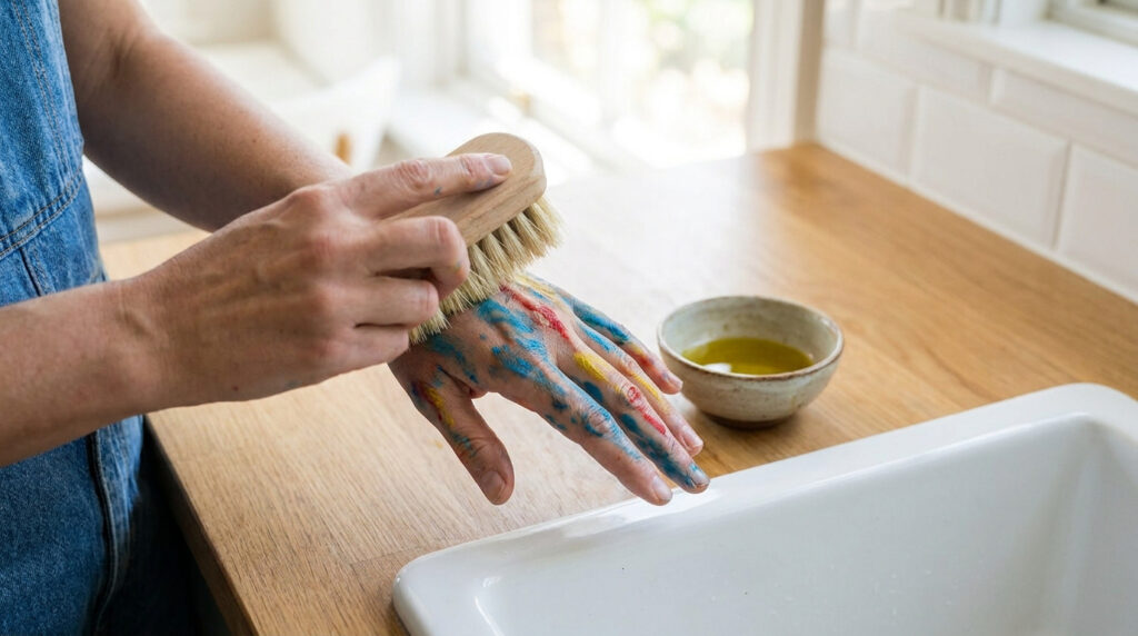 Une personne utilisant une brosse en bois pour nettoyer de la peinture sur sa main près d'un bol d'huile.