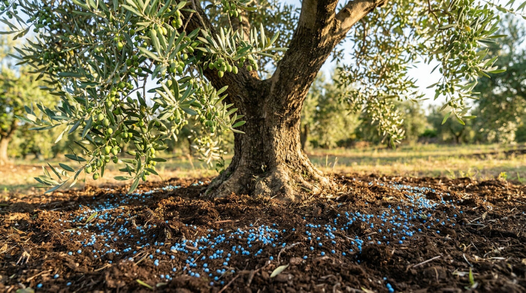 Des granules d'engrais bleu dispersées au pied d'un olivier dans un verger ensoleillé.