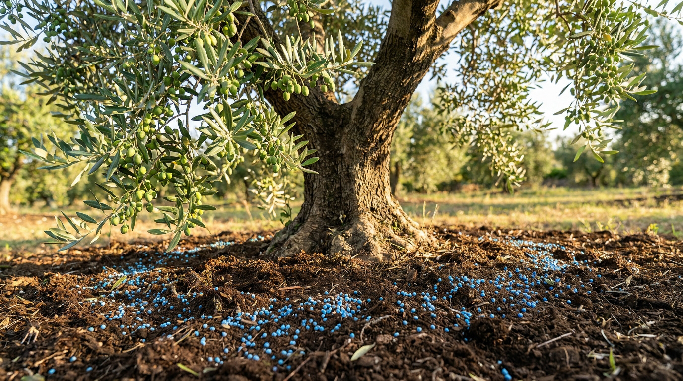 Des granules d'engrais bleu dispersées au pied d'un olivier dans un verger ensoleillé.