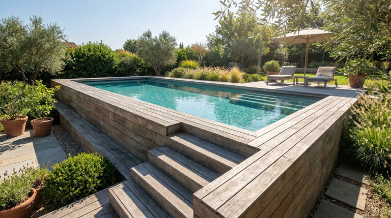 Piscine rectangulaire en bois surélevée avec escaliers intégrés et chaises longues sur une terrasse dans un jardin ensoleillé.