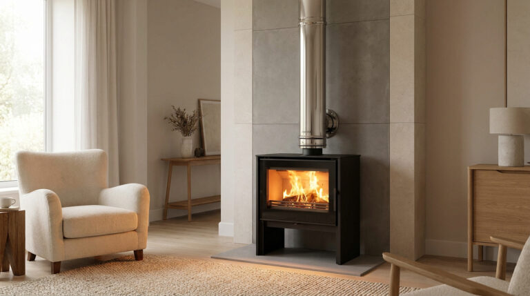 Poêle à bois moderne avec conduit inox brillant installé dans un salon chaleureux au design contemporain.