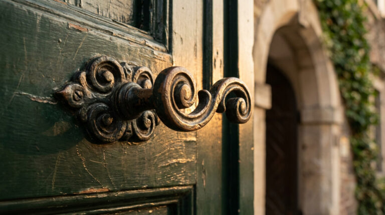 Poignée de porte en fer forgé ornementale sur une porte en bois vert vieilli, baignée par la lumière du soleil.
