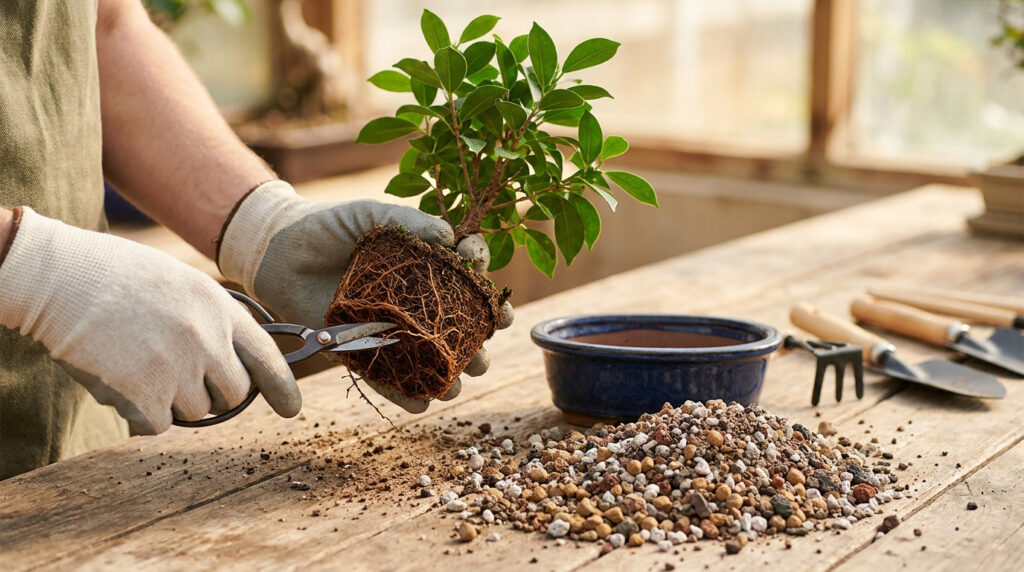 Un jardinier avec des gants taille les racines d'un bonsaï Ficus avant son rempotage dans un pot en céramique.