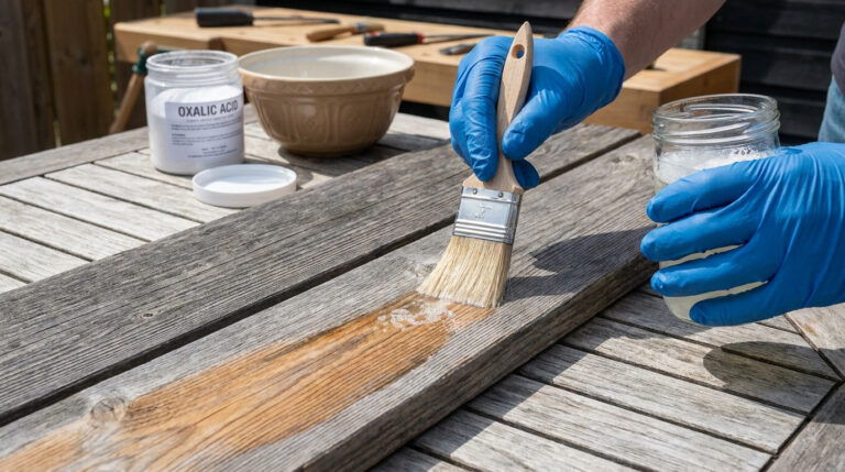 Une personne avec des gants bleus applique une solution d'acide oxalique sur une planche en bois grise.