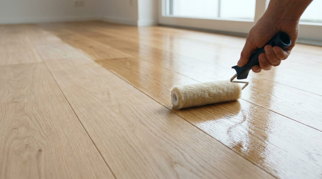 Une main utilisant un rouleau pour appliquer du vernis brillant sur un parquet en bois clair.