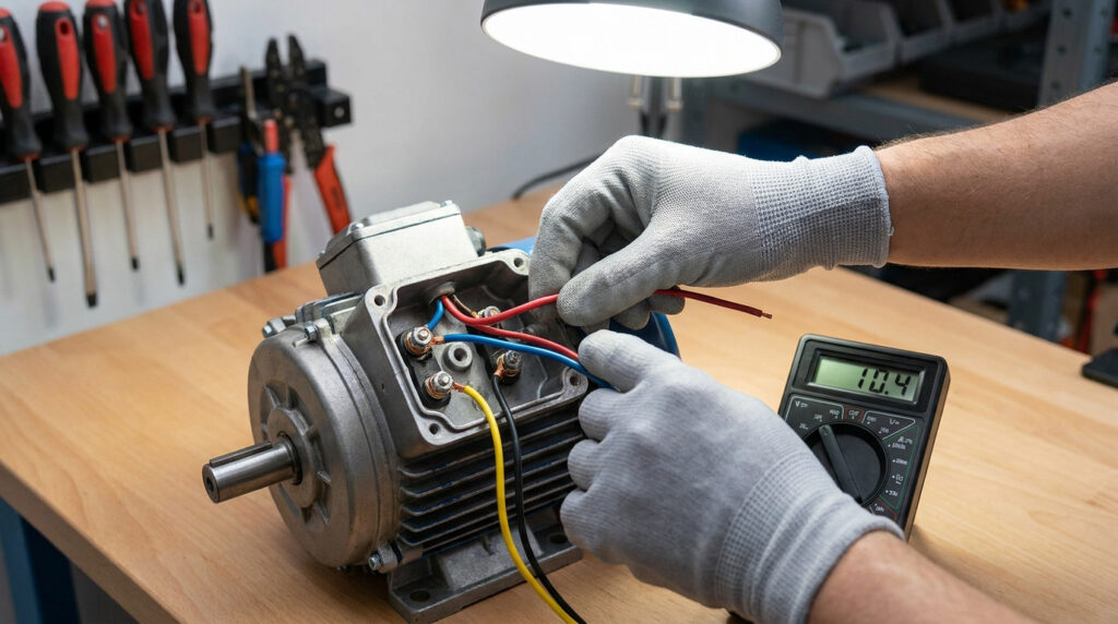 Mains avec gants manipulant les fils d'un moteur électrique avec un multimètre à côté.