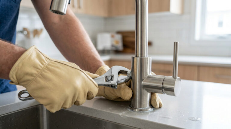 Un plombier porte des gants en cuir et utilise une clé anglaise pour démonter un robinet de cuisine en acier inoxydable.