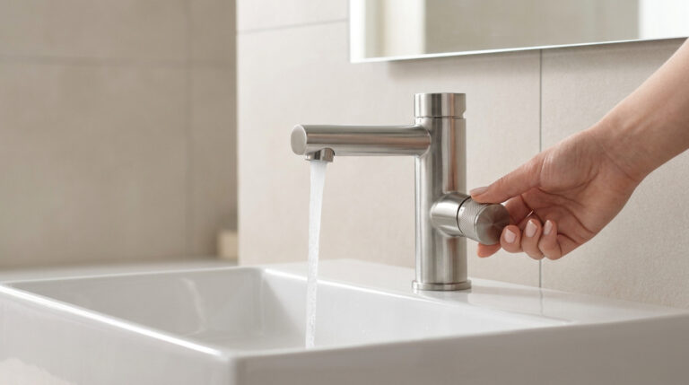 Une main règle un mitigeur moderne en acier inoxydable au-dessus d'un lavabo blanc où coule de l'eau.