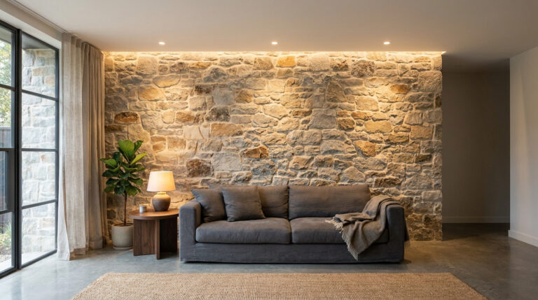 Salon moderne avec un grand mur en pierre naturelle mis en valeur par un éclairage indirect au plafond.