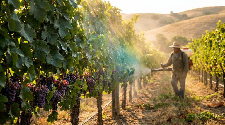 Un vigneron traite ses vignes avec un pulvérisateur sous une lumière dorée de fin de journée.