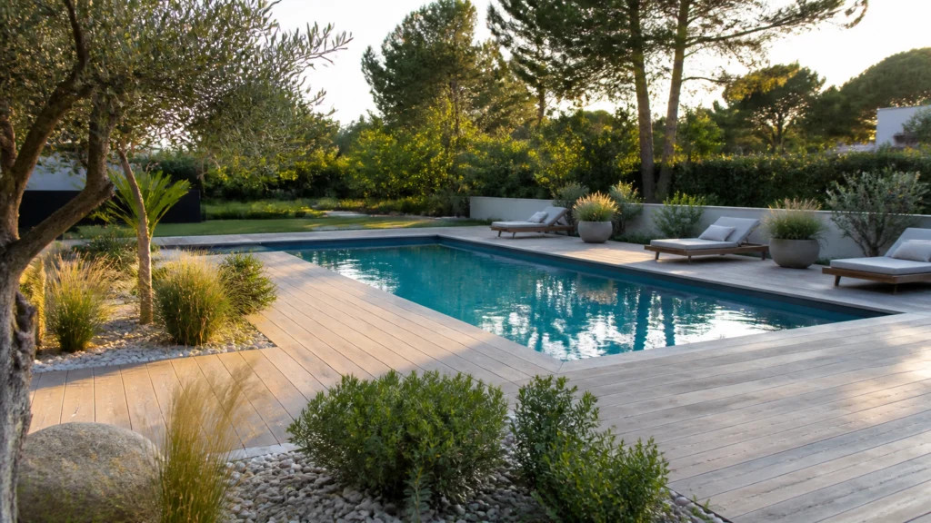 Illustration éditoriale pour l’article « Réussir l'aménagement jardin autour piscine : nos astuces »