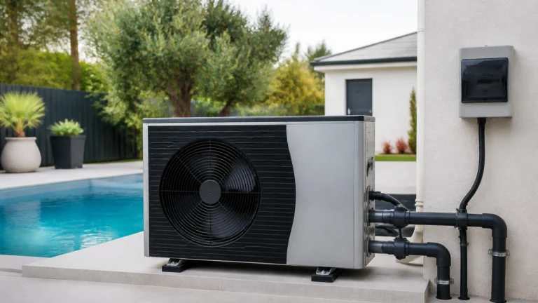 Illustration éditoriale pour l’article « Consommation électrique pompe à chaleur piscine en 2026 »