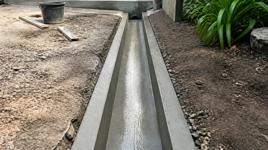 Illustration éditoriale pour l’article « Comment faire une rigole en béton pour un drainage parfait »