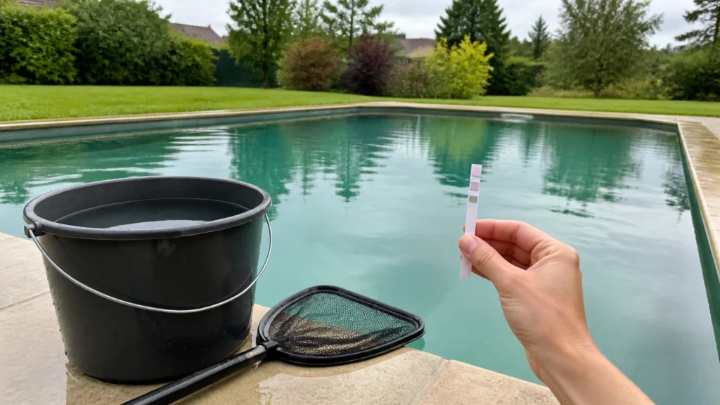 Illustration éditoriale pour l’article « Piscine eau de pluie : traiter son bassin pour la baignade »