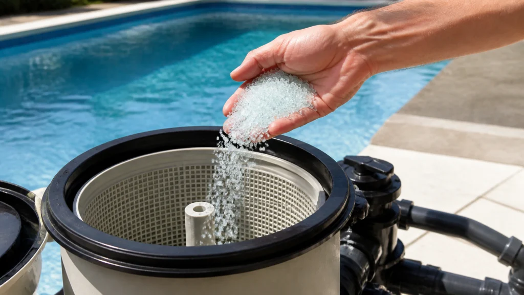 Illustration éditoriale pour l’article « Quel verre pour filtre piscine choisir pour une eau pure »