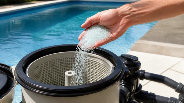 Illustration éditoriale pour l’article « Quel verre pour filtre piscine choisir pour une eau pure »