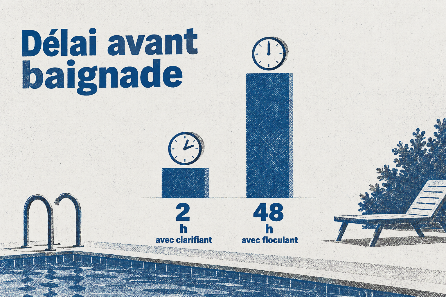 Comparaison des délais avant baignade : 2 heures avec clarifiant, 48 heures avec floculant.