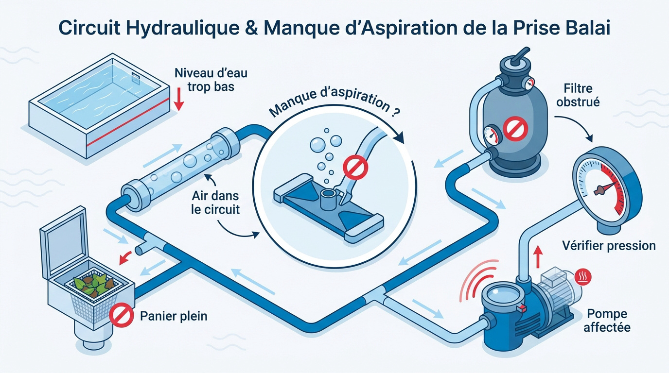 Schéma du circuit hydraulique et causes de panne d'aspiration de la prise balai
