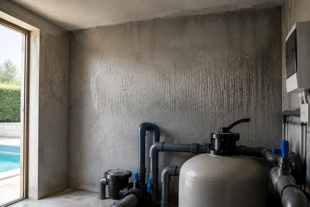 Condensation sur le mur d’un local technique de piscine.