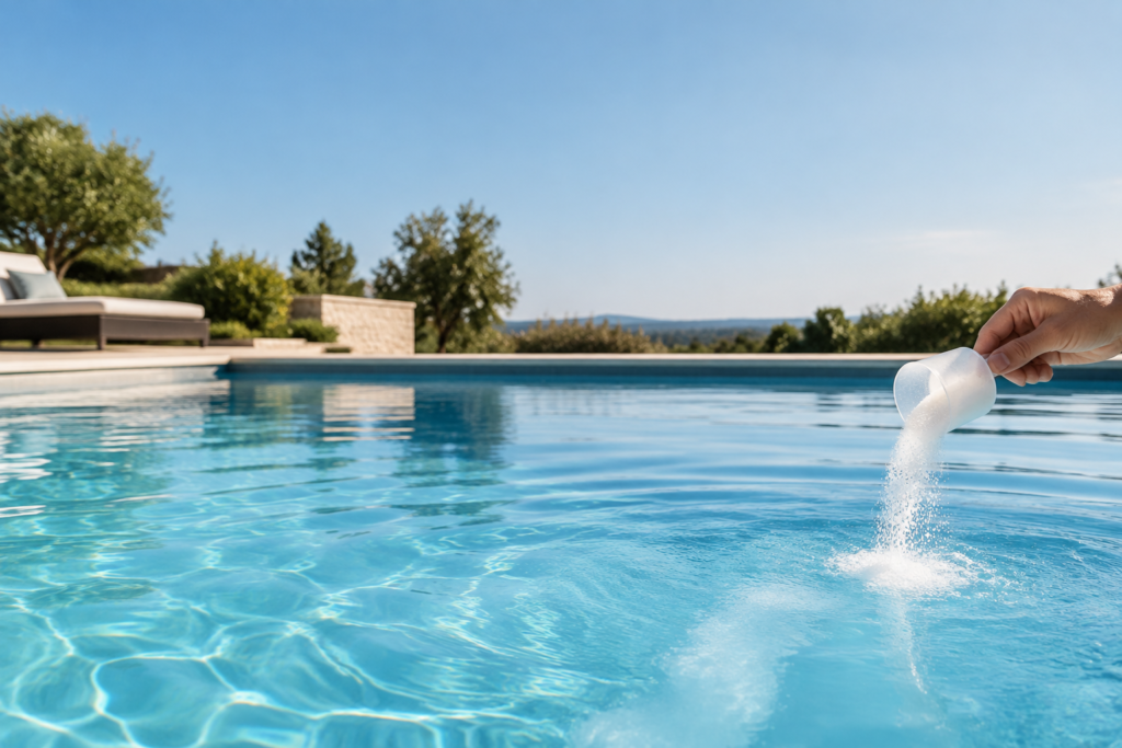Une main verse une poudre chimique dans une piscine bleue cristalline en extérieur par une journée ensoleillée.