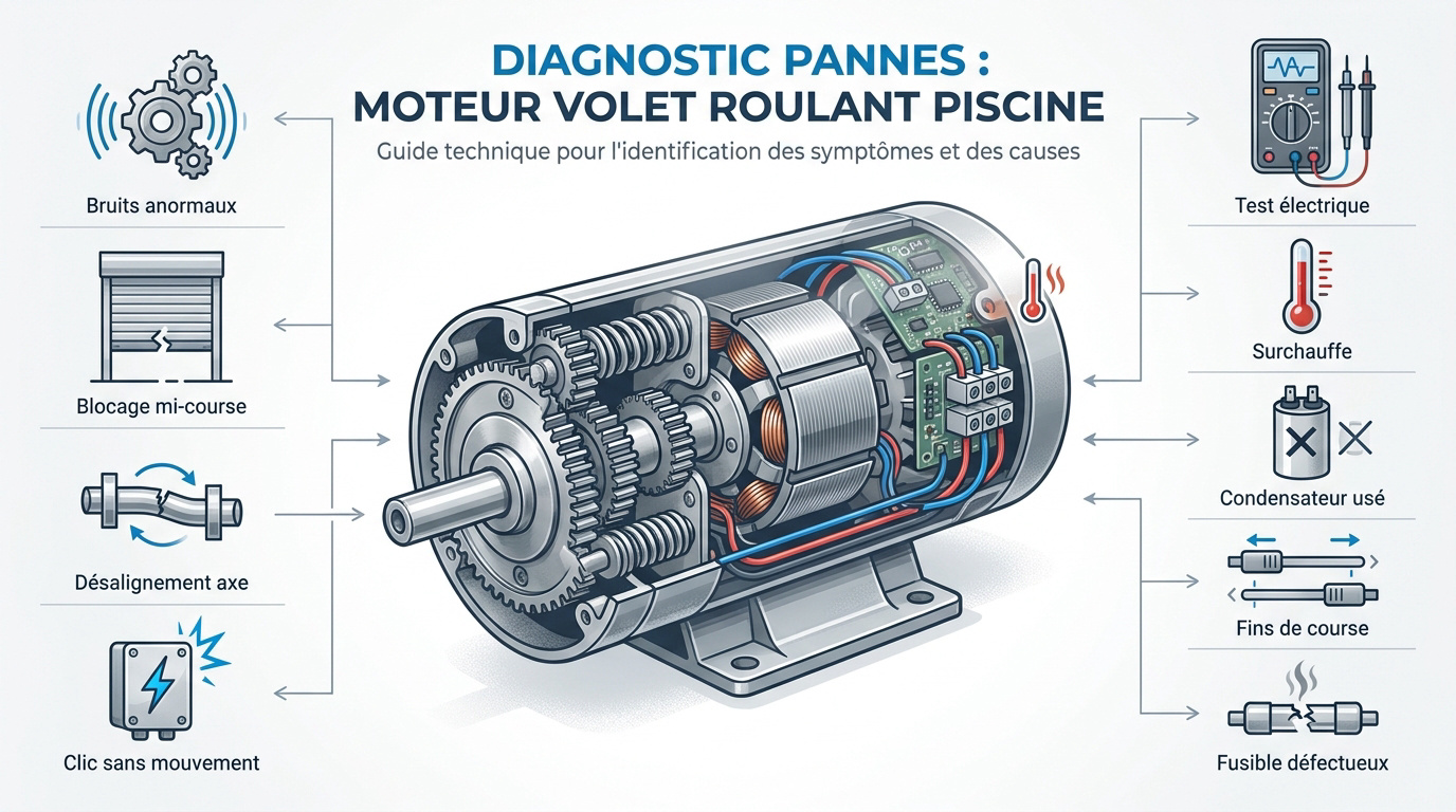 Technicien inspectant un moteur de volet roulant de piscine pour diagnostic