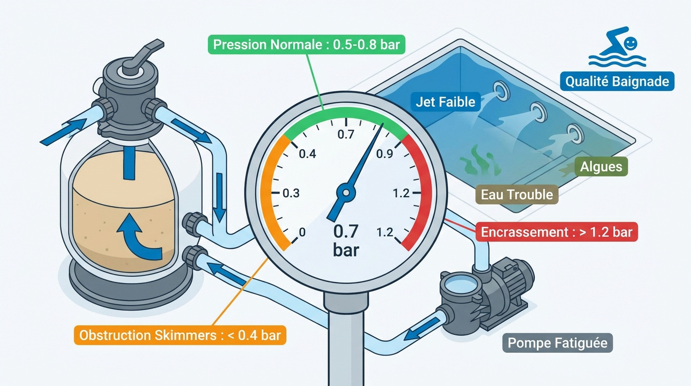 Schéma technique d'un système de filtration de piscine avec manomètre de pression